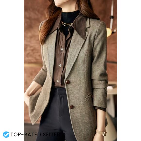 Classic Slim Fit Wool Blend Blazer Notched Lapel Herringbone Plaid Office Chic - Picture 4 of 6